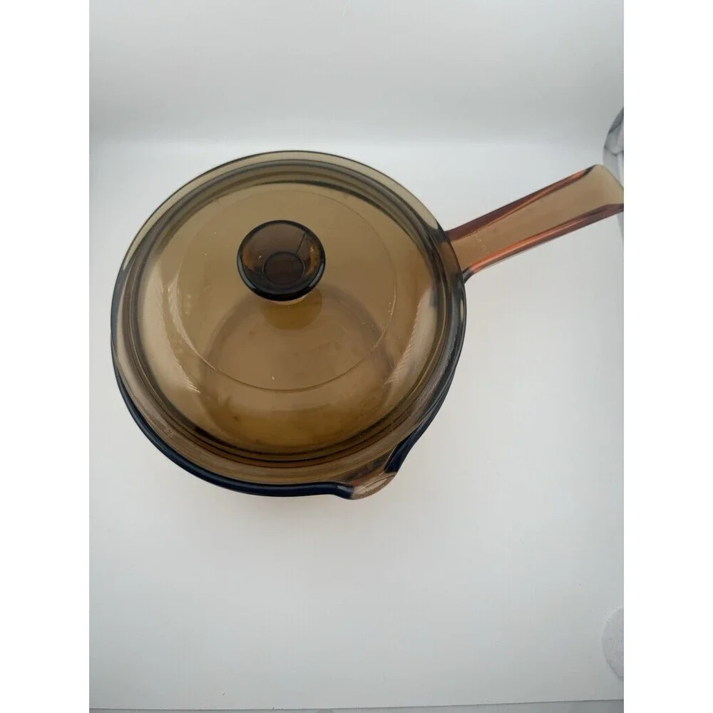 CORNING VISION AMBER Glass 1 Liter Saucepan w/ Spout and PYREX Lid V-1-C A, USA